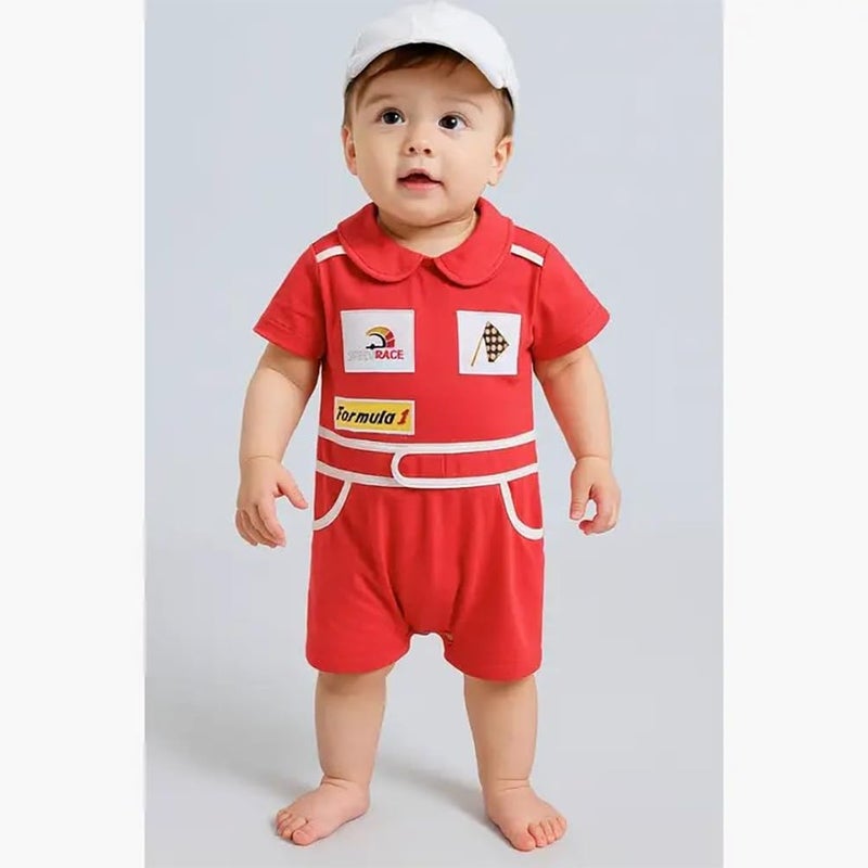 stylesilove Baby Boy Car Racer Romper - Cotton Short Sleeve Outfit for Birthday, Halloween, Toddler Clothes (Red, 12-18 Months) - Image 2